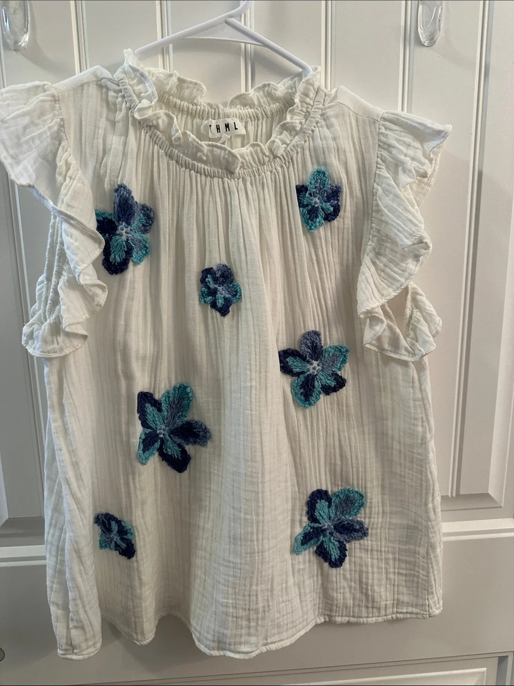 THML White Girls' Top with Blue & Teal Floral Appliqués